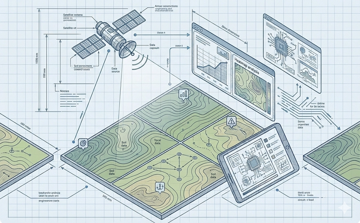 Satellite monitoring dashboard showing crop health zones across farm fields